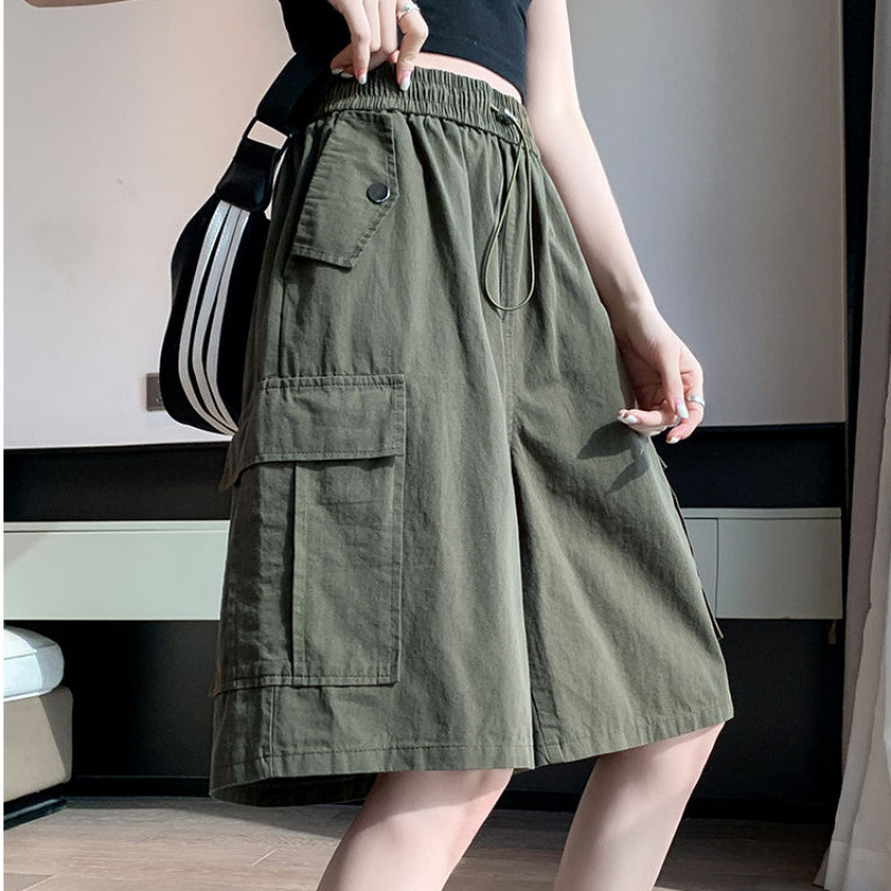 Pure Cotton Washed Cargo Pants for Women Summer 2025 Versatile Fashion Elastic Waist Slimming Loose Plus Size Casual Knee-Length Shorts
