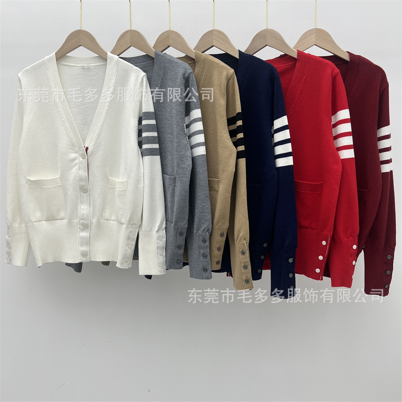[Premium Quality] Wholesale Live Stream Hot Selling Three Stripes Tb Knitted Women's Cardigan Fashion Pocket Sweater Long Sleeve Jacket