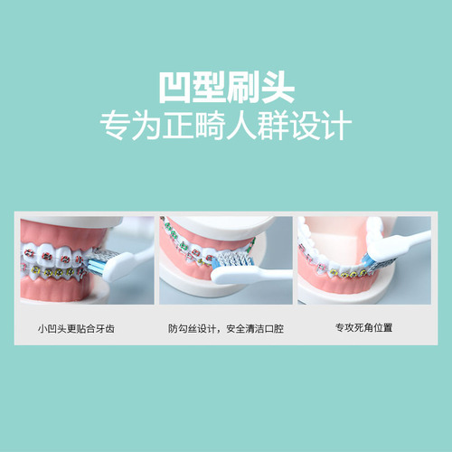 Orthodontic toothbrush with small head, fine soft bristles, concave type for cleaning oral cavity, hospital and clinic printing, for teeth correction with steel braces