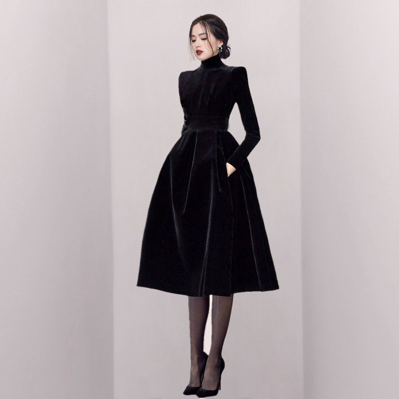 European Station Dress Hepburn Style New Velvet Little Black Dress Retro Slim Elegant Slim Lady Banquet Evening Dress European Station Dress Hepburn Style New Velvet Little Black Dress Retro Slim Elegant Slim Lady Banquet Evening Dress