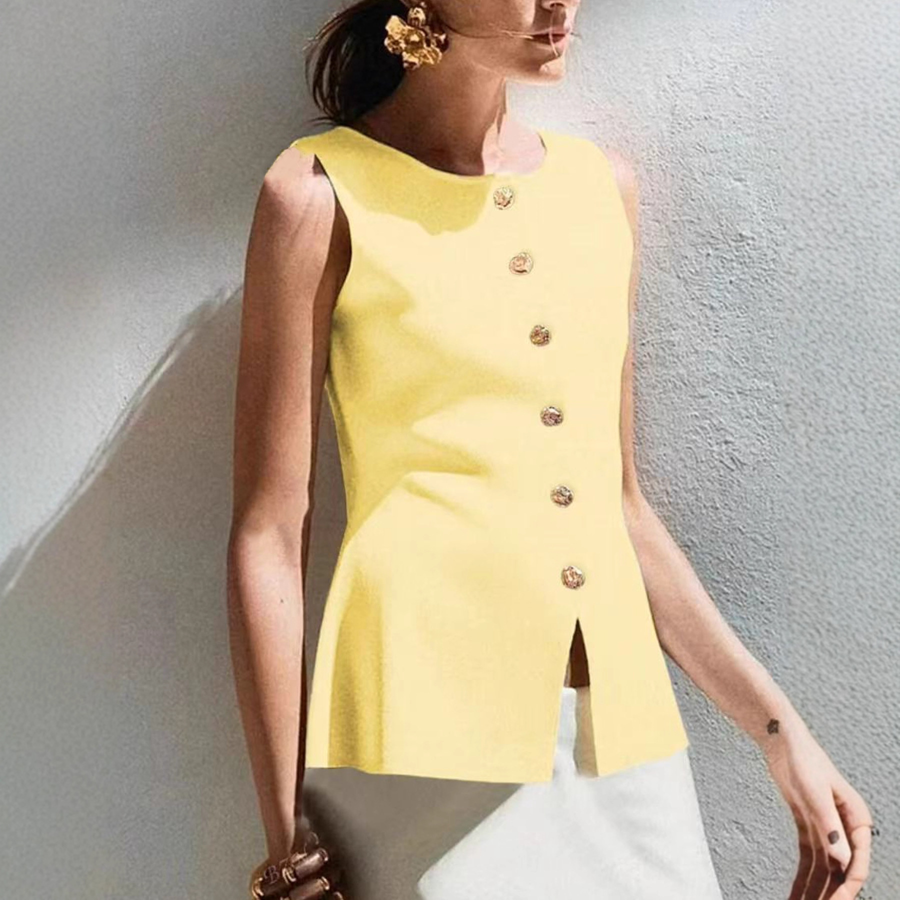 Diseño de temperamento, chaleco sin mangas con cuello redondo, mujer, verano 2025, nuevo cárdigan de punto con botones de color sólido A5326 image 1