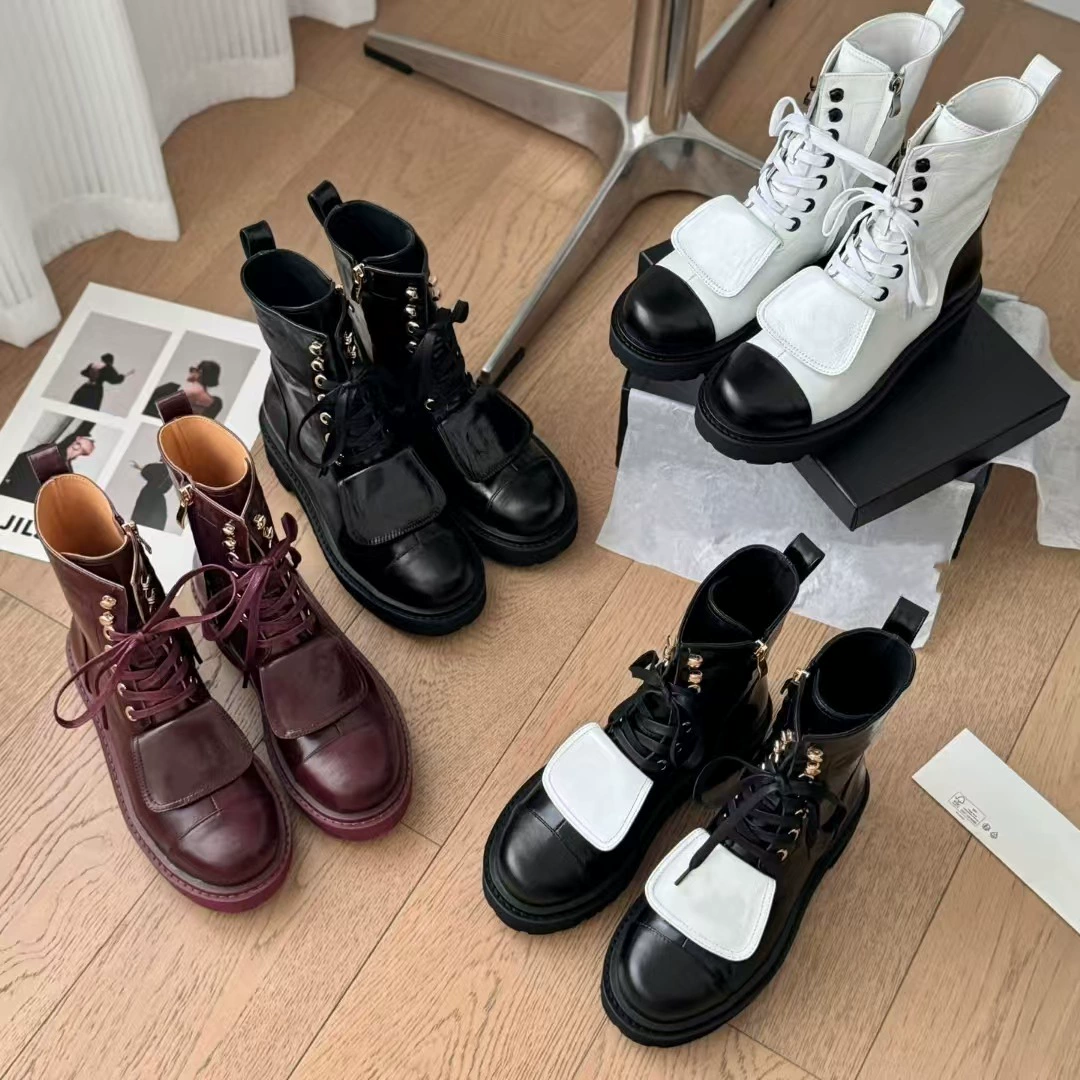 2024 осень и зима новый маленький ароматный ветер кожаный ремень на молнии на стороне сапоги Martin толстые каблуки