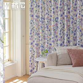 新款跨境法式田园紫色花卉印花窗帘 客厅卧室氛围装饰成品遮光帘