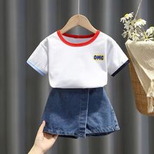 嬰兒春季衣服兩件套女童夏裝短袖套裝韓版一套洋氣女寶寶牛仔裙褲