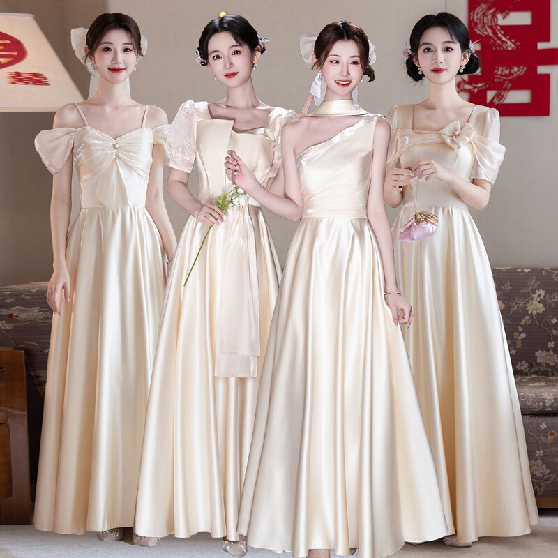 Fairy-Like Satin Bridesmaid Dress 2026 New Model, Stunning High-End Niche Wedding Sister Group Elegant Evening Gown for Summer Fairy-Like Satin Bridesmaid Dress 2026 New Model, Stunning High-End Niche Wedding Sister Group Elegant Evening Gown for Summer
