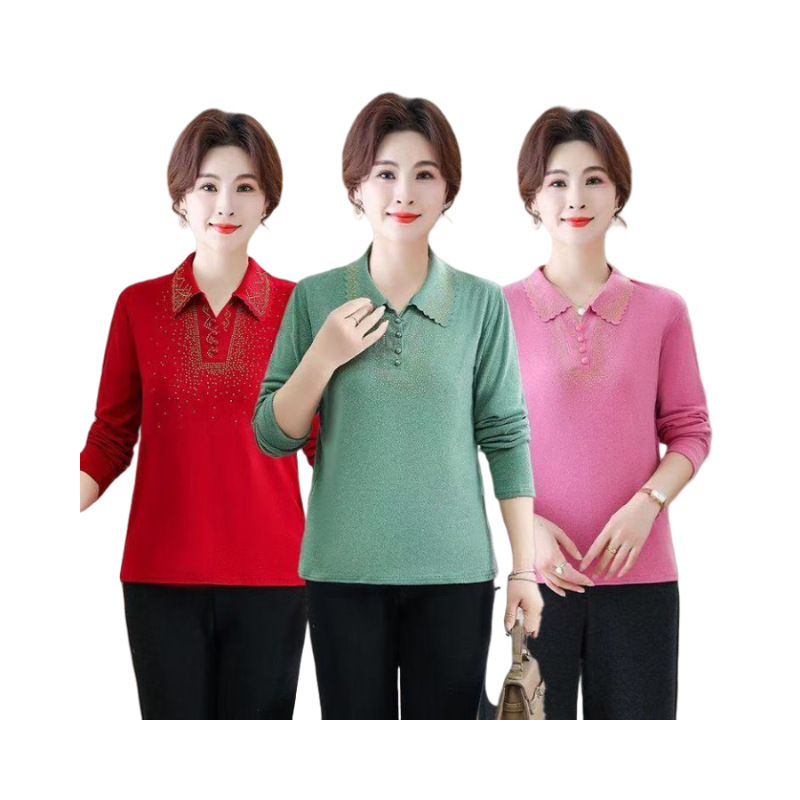 New Spring and Autumn Clothing for Middle-Aged and Elderly Women, Solid Color Velvet Lapel Mom's Loose Rhinestone Top T-Shirt Base Shirt