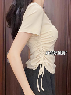 Summer Irregular Drawstring Regular Shoulder V-Neck Short Sleeve T-Shirt for Women with Unique Design, Slim Fit, Waist-Cinching, Slimming Short Top