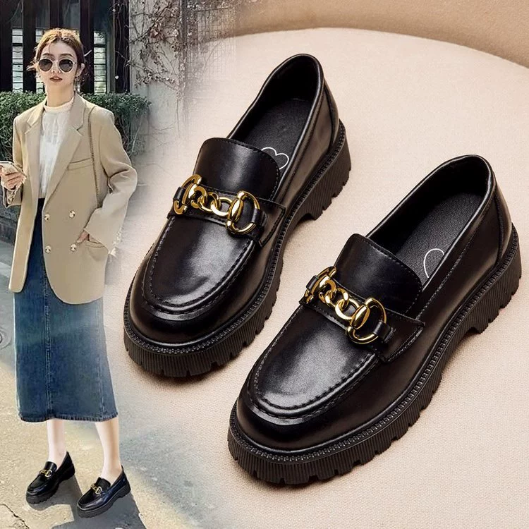 Черные кожаные туфли в британском стиле женские новые туфли на толстом каблуке весной 2025 года