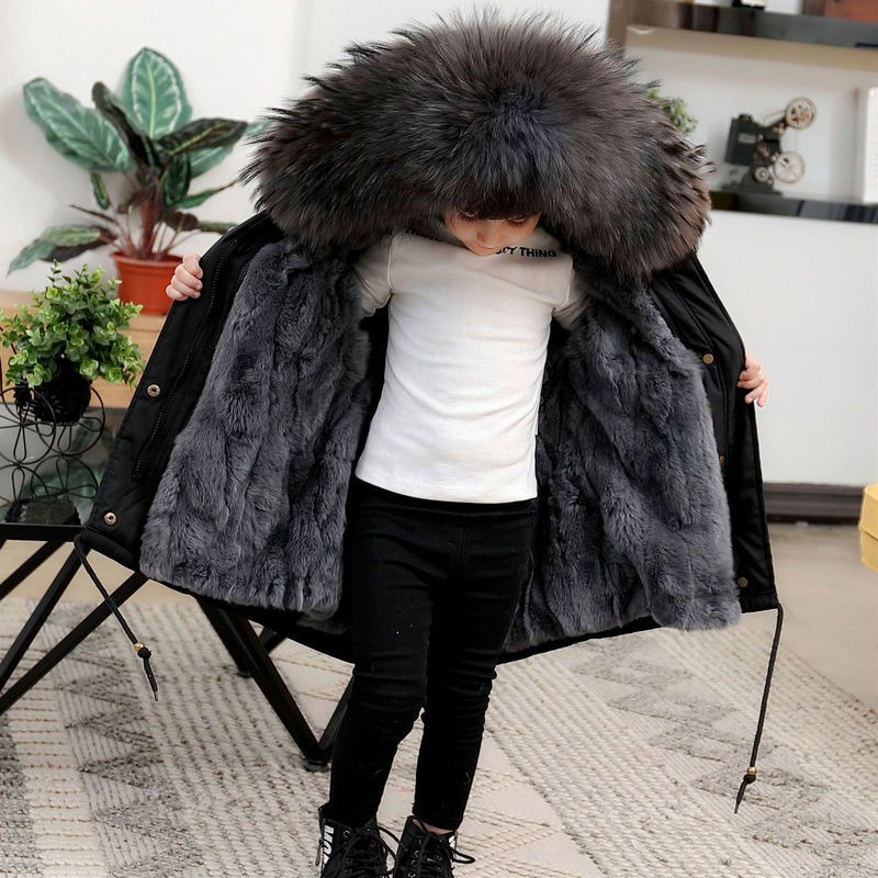 Children's Parka, Girls' Clothing, Baby Boy's Rex Rabbit Fur Outwear, Large Fur Collar, Mid-Length Winter Thick Cotton Outwear