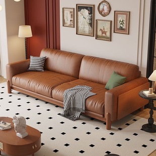 French Mid-Century Style Oil Wax Leather Large and Small Straight Row Solid Wood Sofa Living Room Combination Villa Retro Light Luxury Sofa