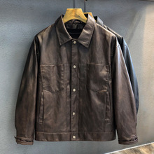 澳洲进口复古蜡染植鞣皮翻领皮衣外套男士秋季新美式机车皮夹克