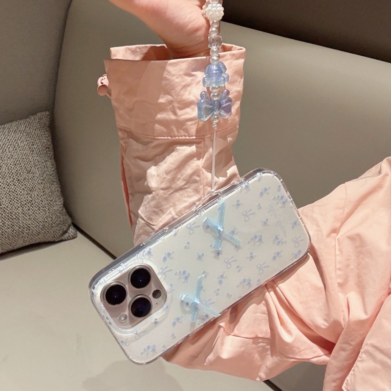 Lazo floral azul coreano para Apple 15Pro/16Pro funda para teléfono móvil 14 cadena 13 femenino 16PM nuevo