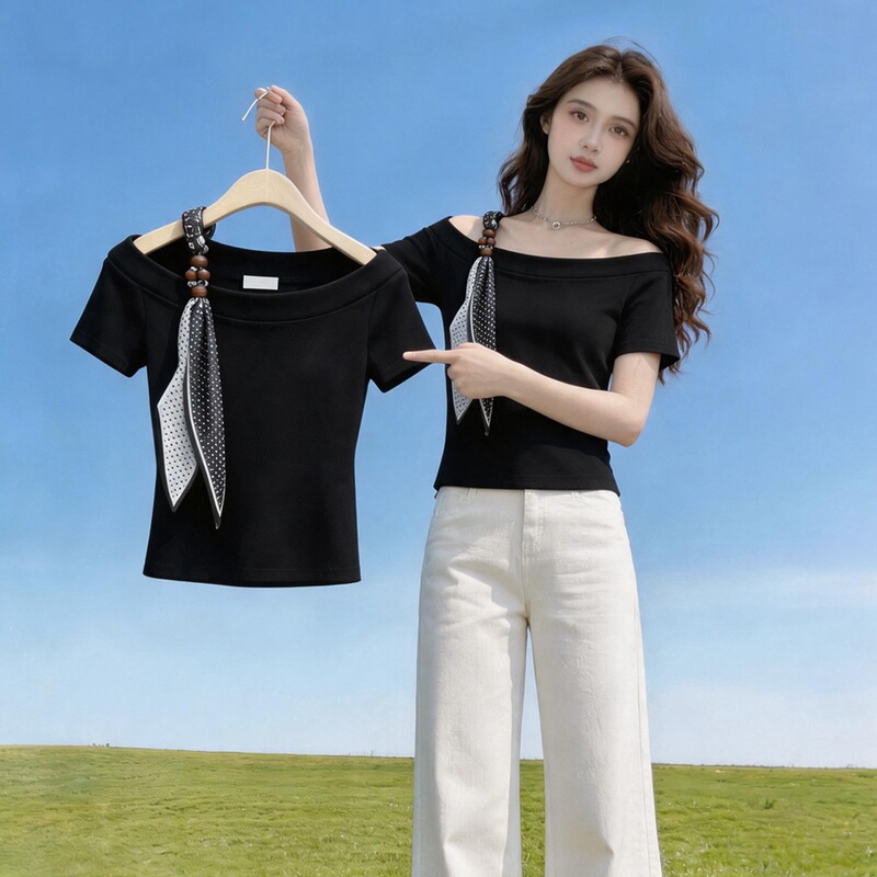 【40-Count Cool Silk Cotton Ribbed 1*1】Large Size Slim-Fit Short-Sleeve T-Shirt for Women with a Stylish Design and Summer Off-Shoulder Silk Scarf Top