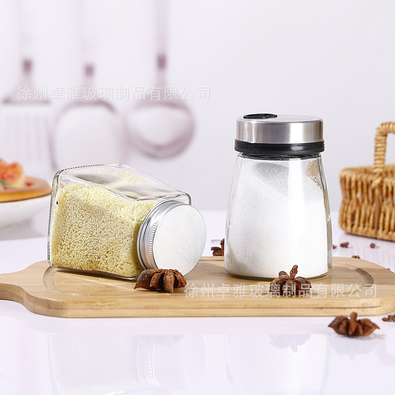 Botella de condimento de vidrio cónico botella de condimento mayorista de cocina pimienta lata transparente botella de aceite de condimento de vidrio portátil