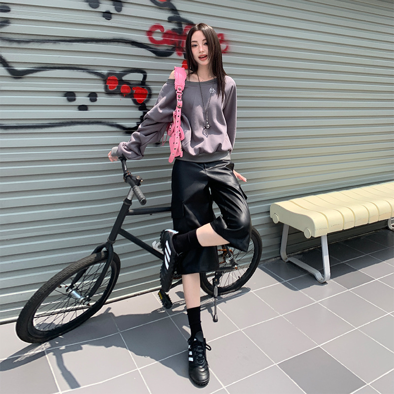 【Newhoo】New Aesthetic Workwear-Style Leather Pants, Fashionable Versatile Loose Slim-Fit Mid-Length Pants, Capri Pants