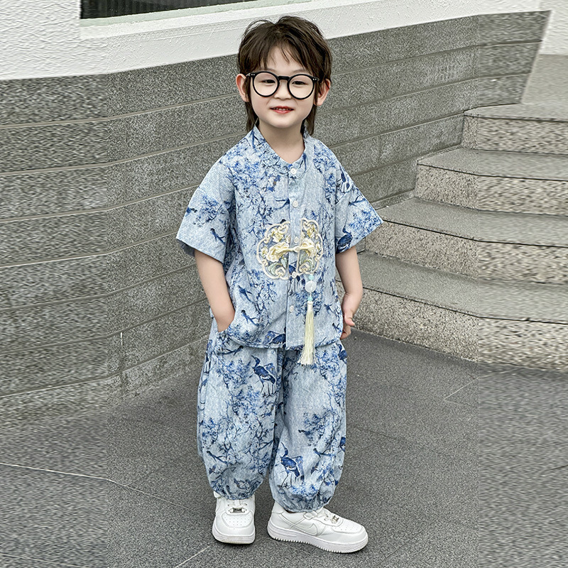 新しい子供の中国風スーツ夏の男の子の唐スーツ漢服半袖9点パンツ古代スタイルの新しい中国風の2点セット|undefined