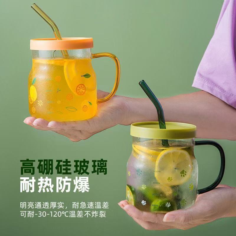 青苹果高颜值玻璃吸管杯女带刻度水杯耐热可微波情侣款马克杯带盖|undefined