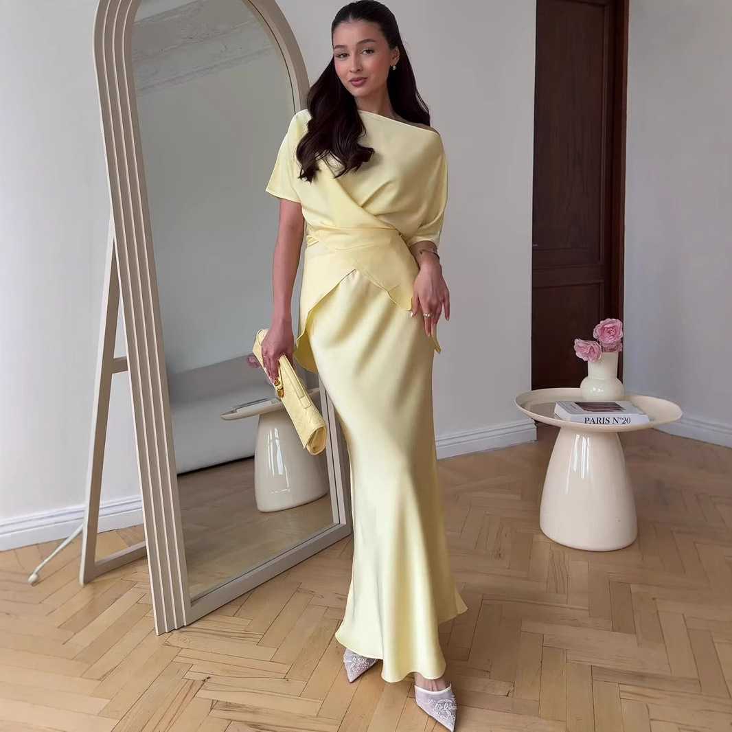 欧美亚马逊跨境2025夏季新款华贵性感气质短袖长裙套装连衣裙女