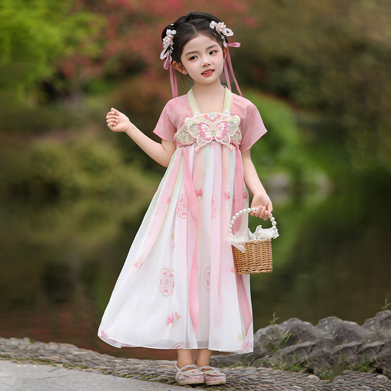 Hanfu-Style Summer Thin Short-Sleeve Dress for Girls, Chinese Style Fairy Princess Dress, Ancient Costume Performance Ruqun for Girls