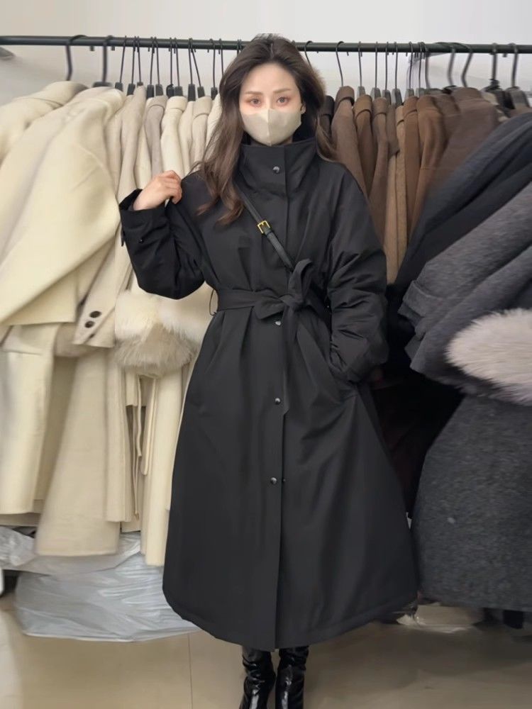 Black Korean Mid-Length Stand-Up Collar Windbreaker down Jacket for Women 2025 Winter New Loose Waist Jacket Top