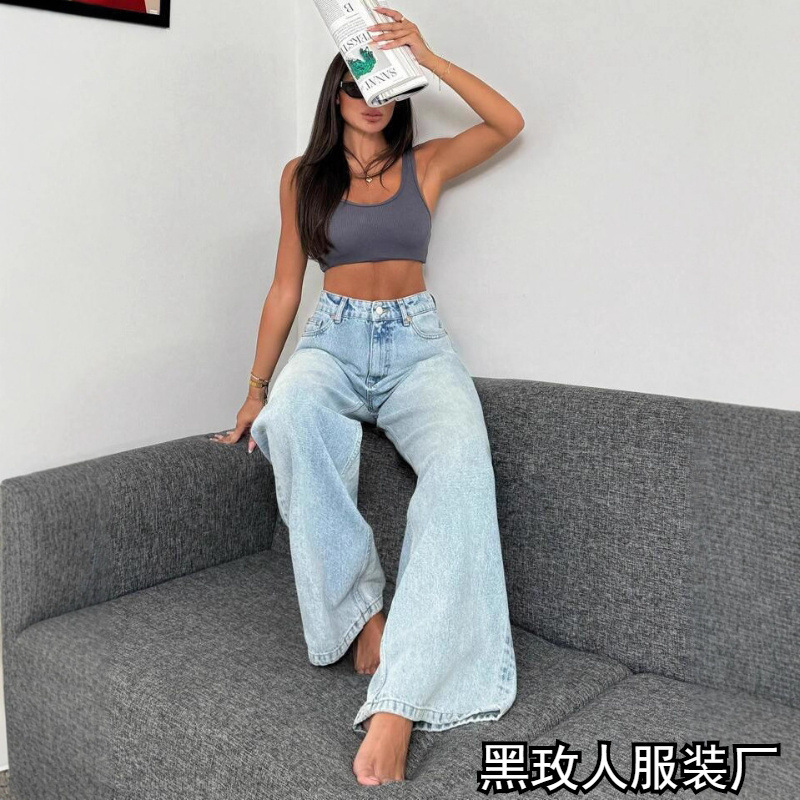Vintage European and American Mid-High Waist Commuter Light-Colored Ins Style Straight-Leg Slimming Versatile New Wide-Leg Floor-Length Jeans