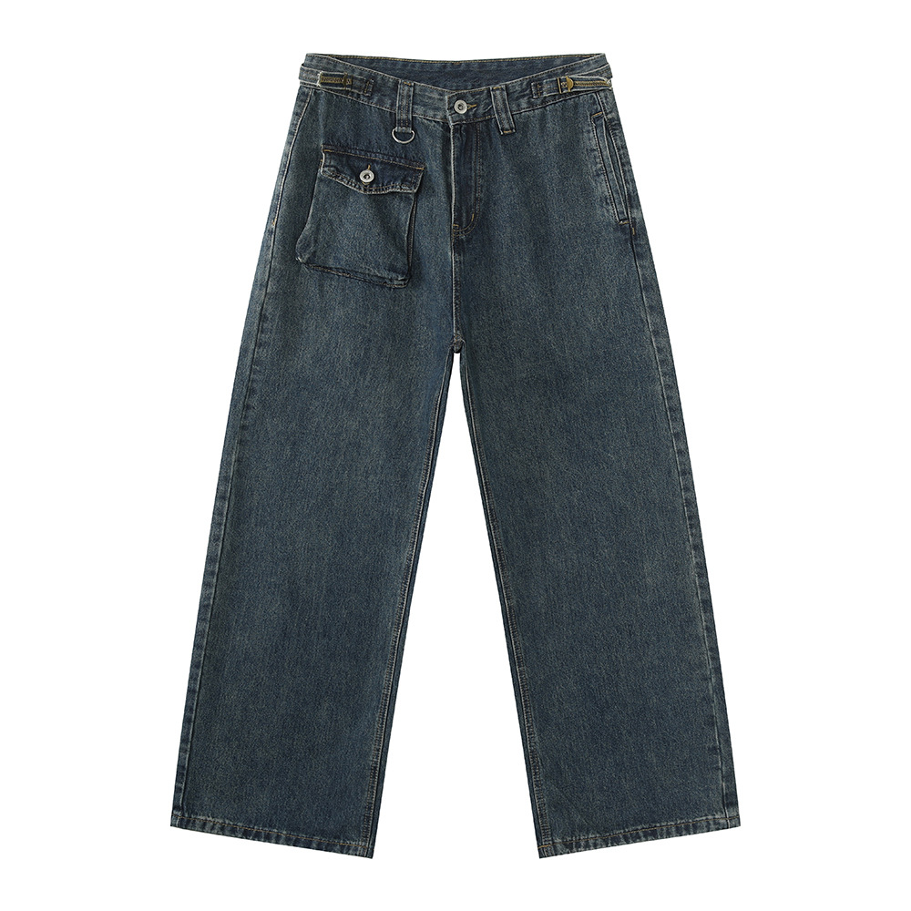 MTLCLOTHES Hombres| Nicho personalidad de diseño de bolso pequeño estilo rectas versátiles jeans lavados con agua