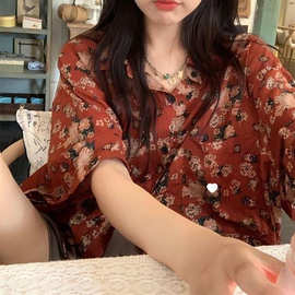 2024新款夏季美式复古港风日系休闲满印碎花短袖衬衫男女中国风潮