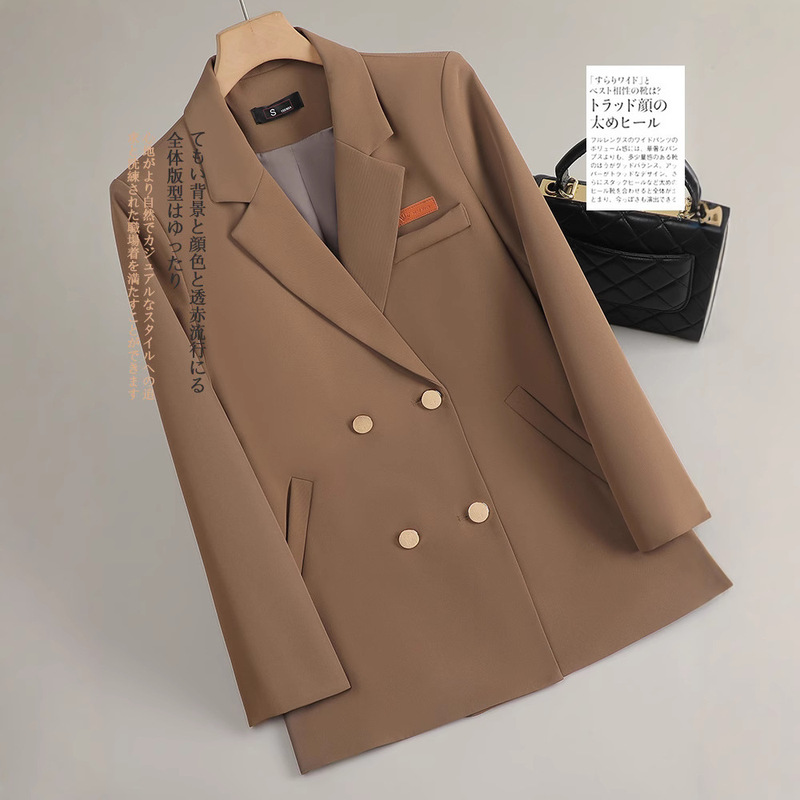 2025 New Spring & Fall Coffee Color Suit Jacket for Women, Loose and High-End Work Clothing Elegant Double-Breasted Suit Top