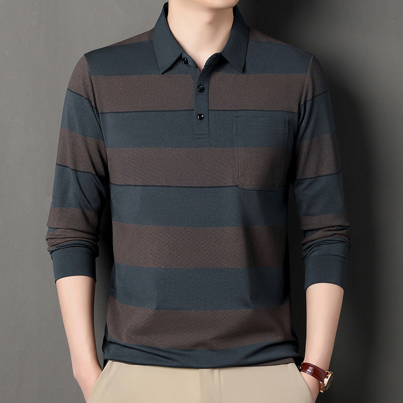 Trendy Long-Sleeve T-Shirt for Middle-Aged Men, Autumn New Style, Striped with Real Pockets, Base Layer T-Shirt for Men