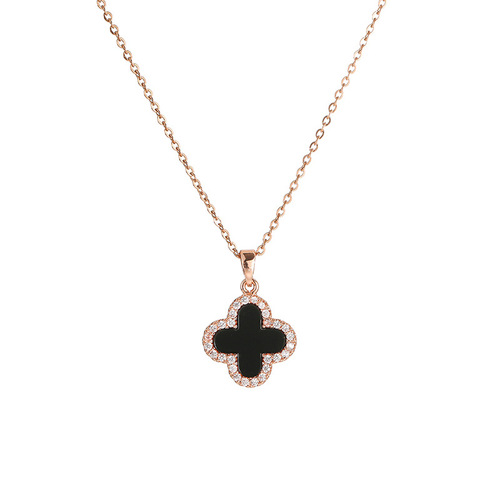 Titanium steel necklace women's 18k rose gold diamond four-leaf clover pendant niche light luxury black shell clavicle chain temperament neck necklace