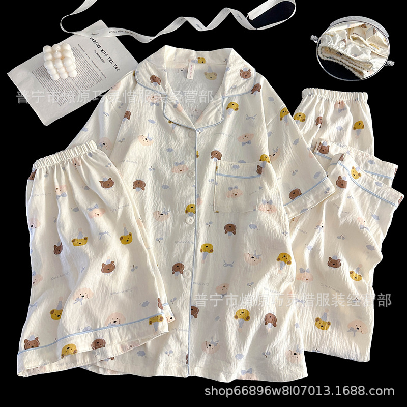 Hermosos pijamas de tela de rabu mujeres primavera y otoño verano nubes de algodón dulce mangas cortas pantalones cortos de tres piezas ropa para el hogar