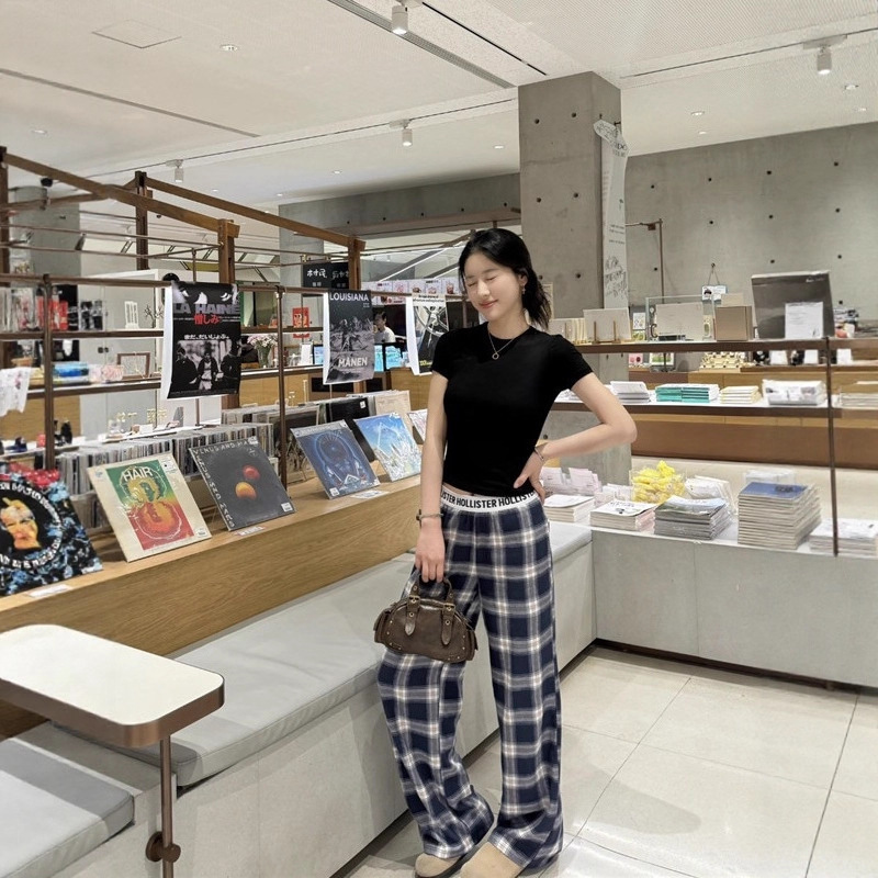 25S Korean Trend Hollister American Retro Small Seagull Plaid Letter Tape Casual Versatile Long Pants Plaid Pants 25S Korean Trend Hollister American Retro Small Seagull Plaid Letter Tape Casual Versatile Long Pants Plaid Pants