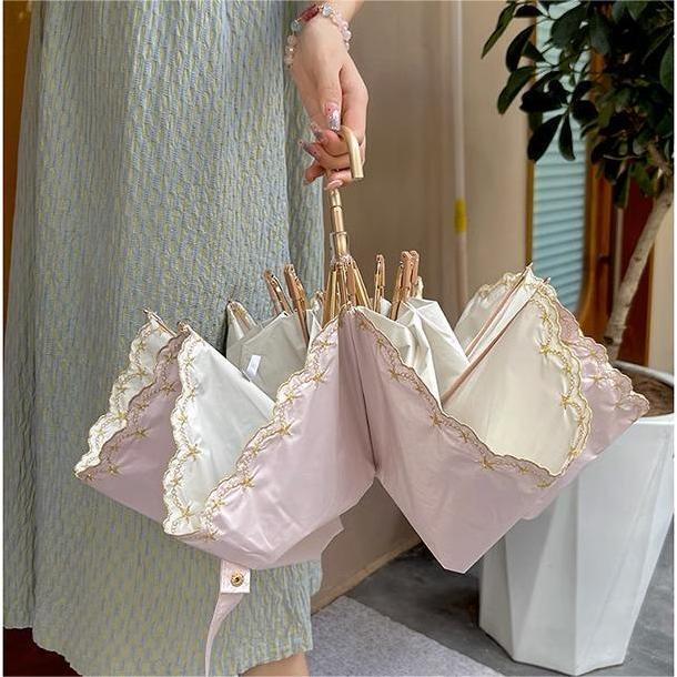 Know Umbrella Embroidered Sun Umbrella Women's Sun Protection UV Protection Rain and Sunlight Dual-purpose Curved Hook Umbrella Folding Umbrella Advanced Sense Sunshade