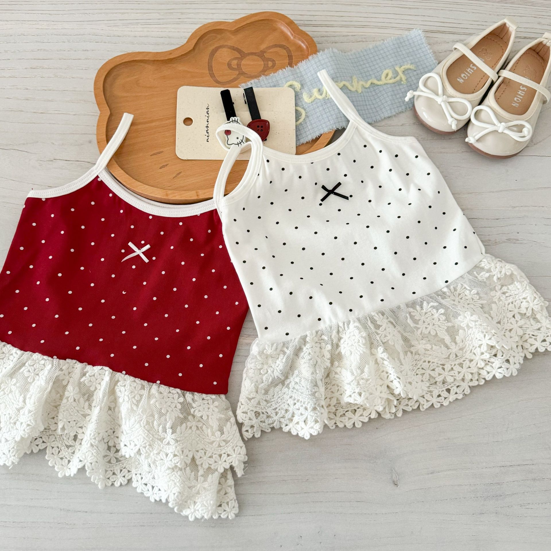 Limón salado siete verano cuello redondo mujer linda niña lunares estilo coreano tirantes vestido de niña chaleco de bebé todo fósforo