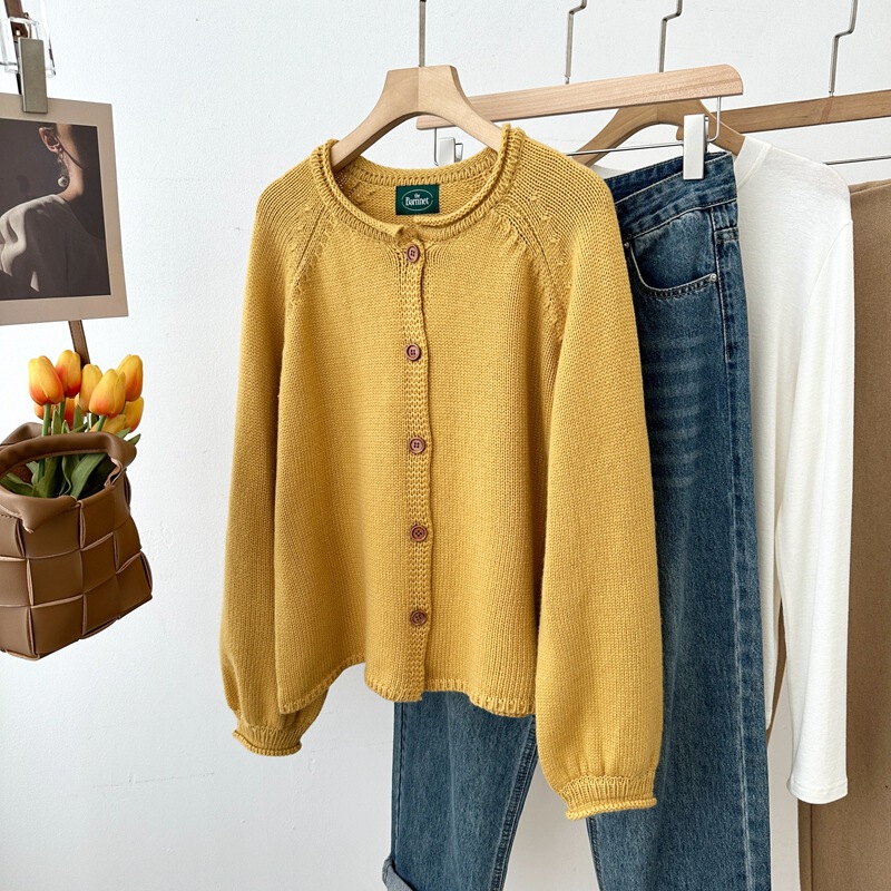 Clearance Sale with Free Shipping, No Returns or Exchanges, Australian Wool Korean Style Round Neck Long Sleeve Knit Sweater, Thick Knit with Wooden Buttons