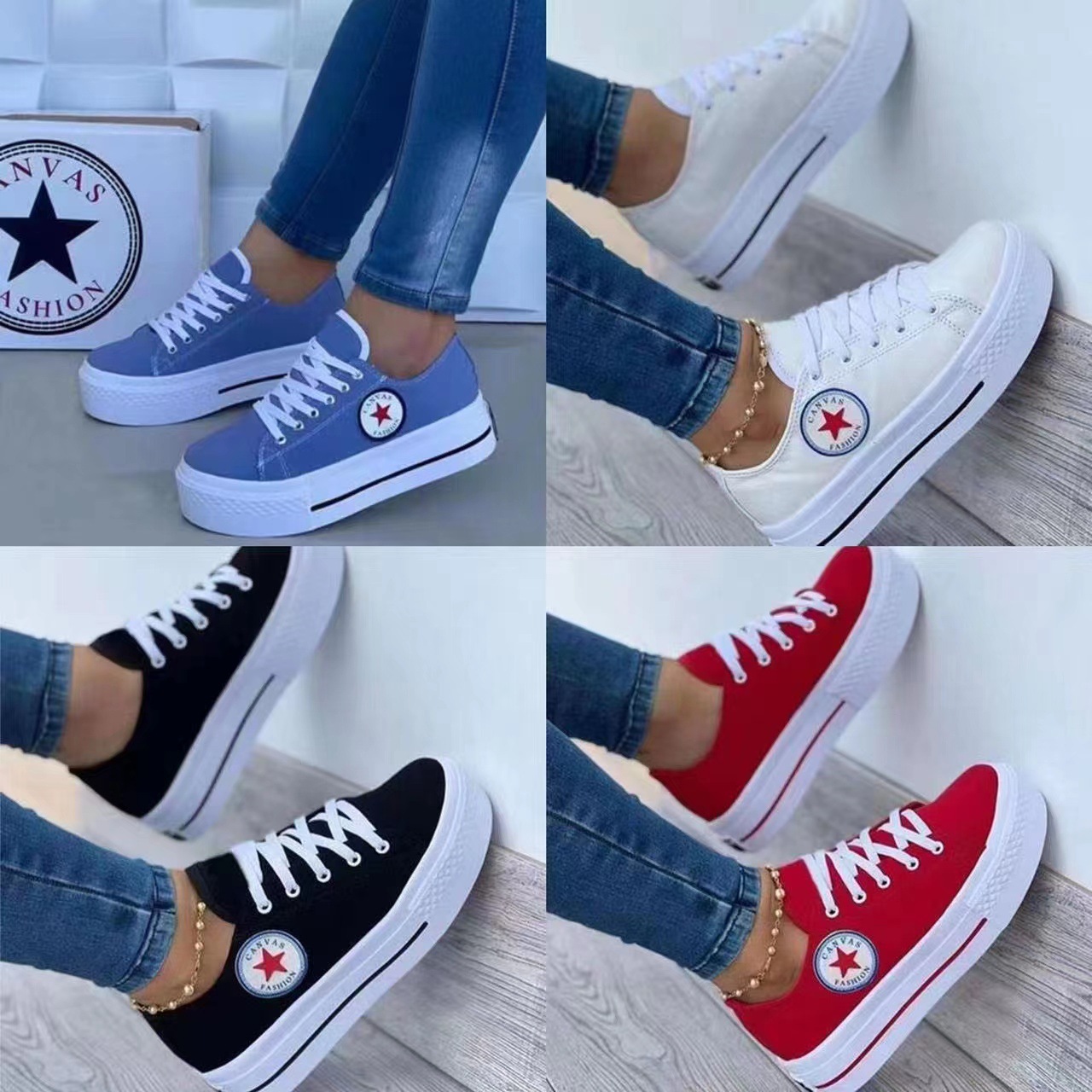 Large Thick Bottom Lace Up Canvas Shoes Women's  Casual Single Shoes