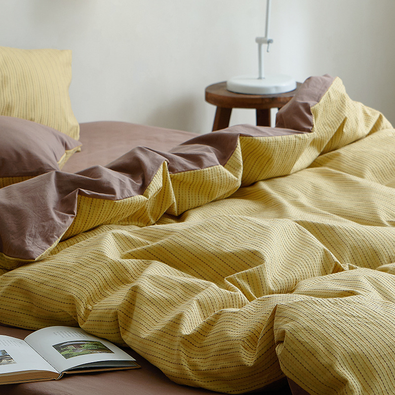 Ensemble quatre pièces en jacquard 100% coton, style nordique français minimaliste rétro, de classe A, doux pour la peau. Housse de couette en pur coton teint en fil, douce pour la peau._voghion.com