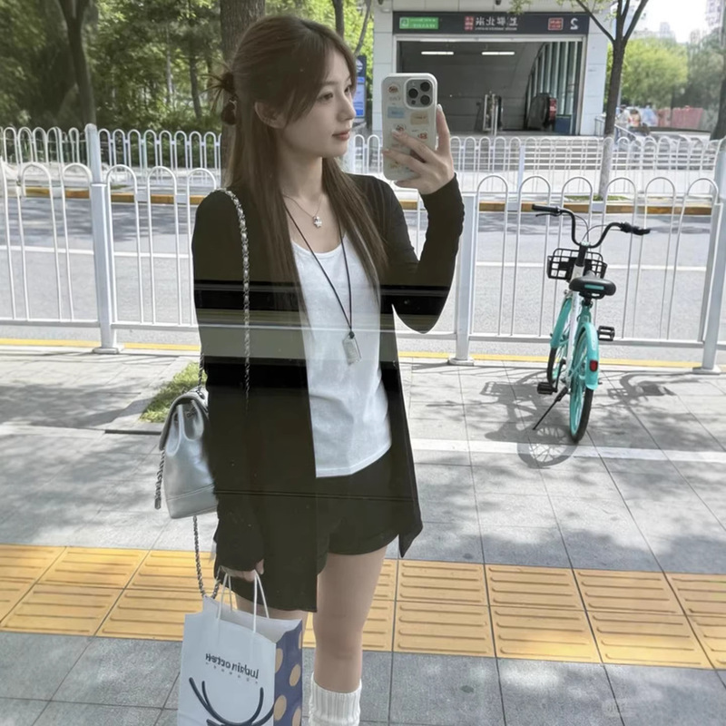 Black Knitted Cardigan Thin Jacket for Women, New Summer Style Cover-Up, Tencel Outerwear, Korean Style Thin Top for Petite Women Black Knitted Cardigan Thin Jacket for Women, New Summer Style Cover-Up, Tencel Outerwear, Korean Style Thin Top for Petite Women