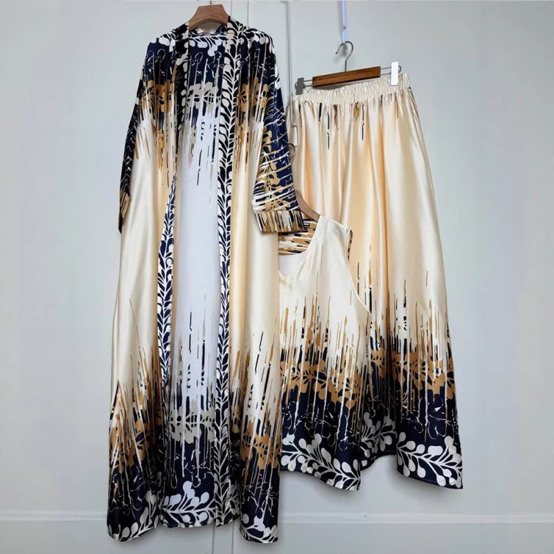 2025 Foreign Trade Women's Retro Printed Long Cardigan Summer Vest Three-Piece Set Loose Pants Dress Fashion suit