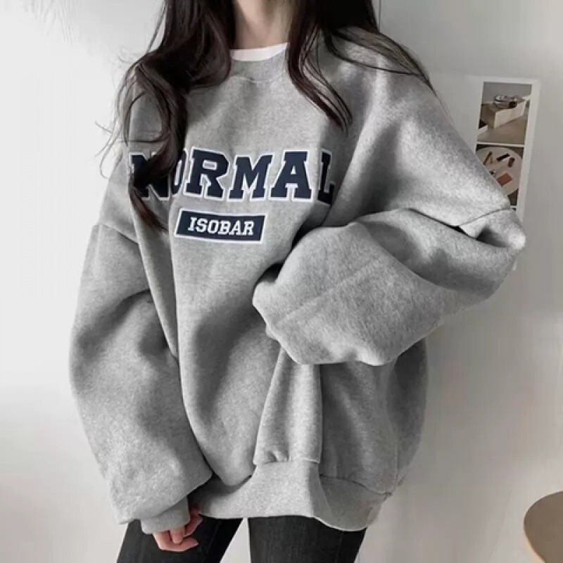 Gray hooded round neck fleece-lined sweater women's loose mid-length autumn and winter Korean style thick bf lazy style long sleeve top