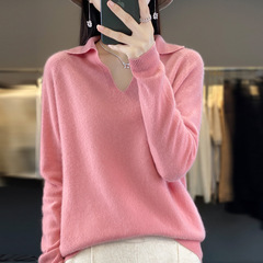 第一線の成衣シームレス純ウール秋冬新女子ショートpolo v襟純色ゆるいニットセーター