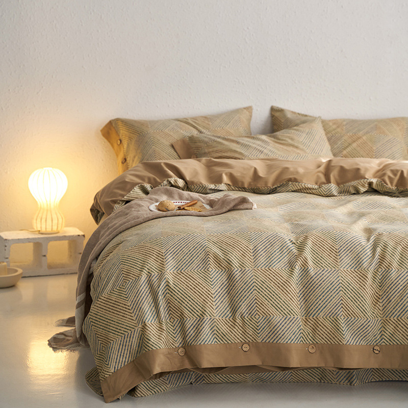 Botón cepillado ecológico impreso, un juego de algodón de cuatro piezas, otoño e invierno, cálido, sueño desnudo, kit de algodón grueso retro