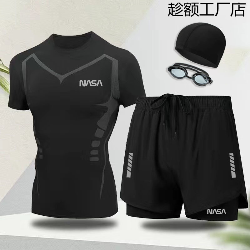 수영복 남성용 전신 수영복, 수영모, 수영 고글, 3종 세트, 속건성, 당황 방지, 노출 방지, 온천 비치 팬츠