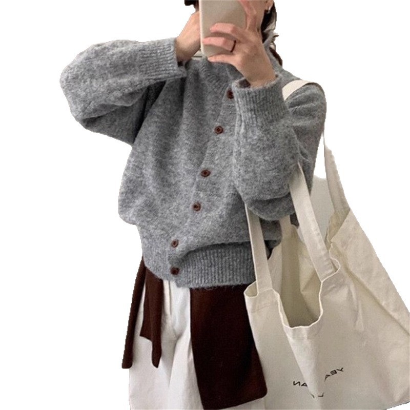 秋冬韩系单排扣翻领针织开衫上衣温柔风甜美毛衣外套女高级感品质|undefined