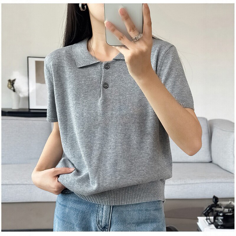 Cross-Border Polo Collar Pure Cotton Knitted Short-Sleeve Women's Summer New Simple Solid Color Pullover Shirt Versatile and Stylish