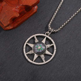 欧美新款指南针罗盘吊坠跨境嘻哈个性时尚项链八芒星毛衣链潮流男