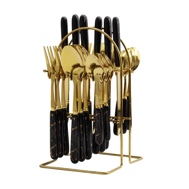 Cuchillo de acero inoxidable transfronterizo, tenedor y cuchara jaspeado cuchillo de carne restaurante del hotel cuchara tenedor mango de cerámica caja de regalo de 24 piezas