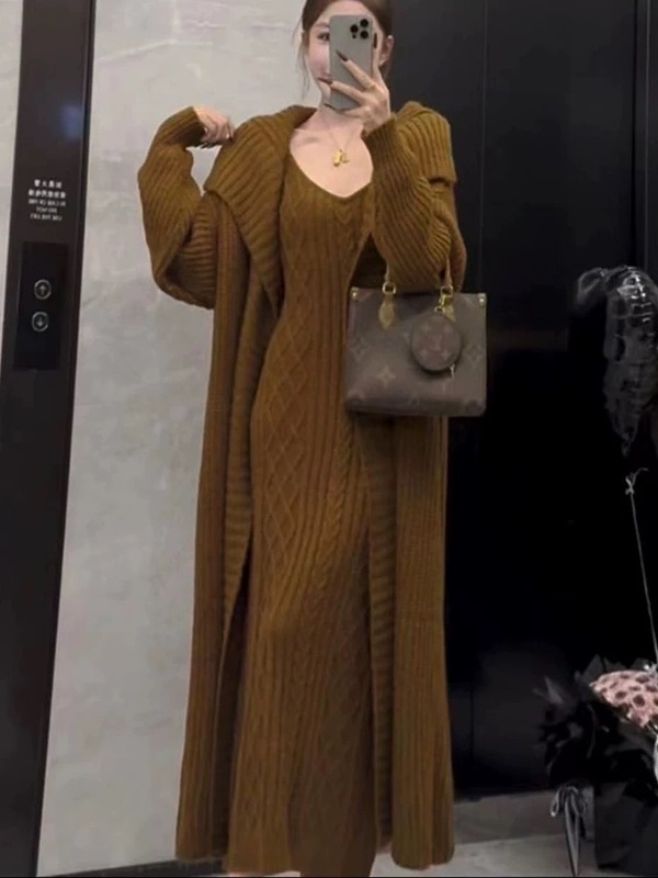 港风复古跨境麻花针织吊带连衣裙+长款毛衣开衫外套气质两件套女|undefined