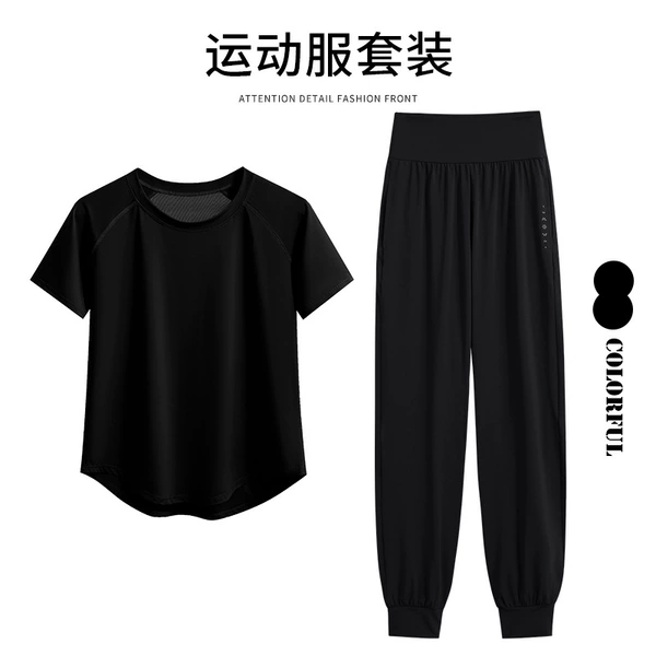 Black set, trousers, with short sleeve