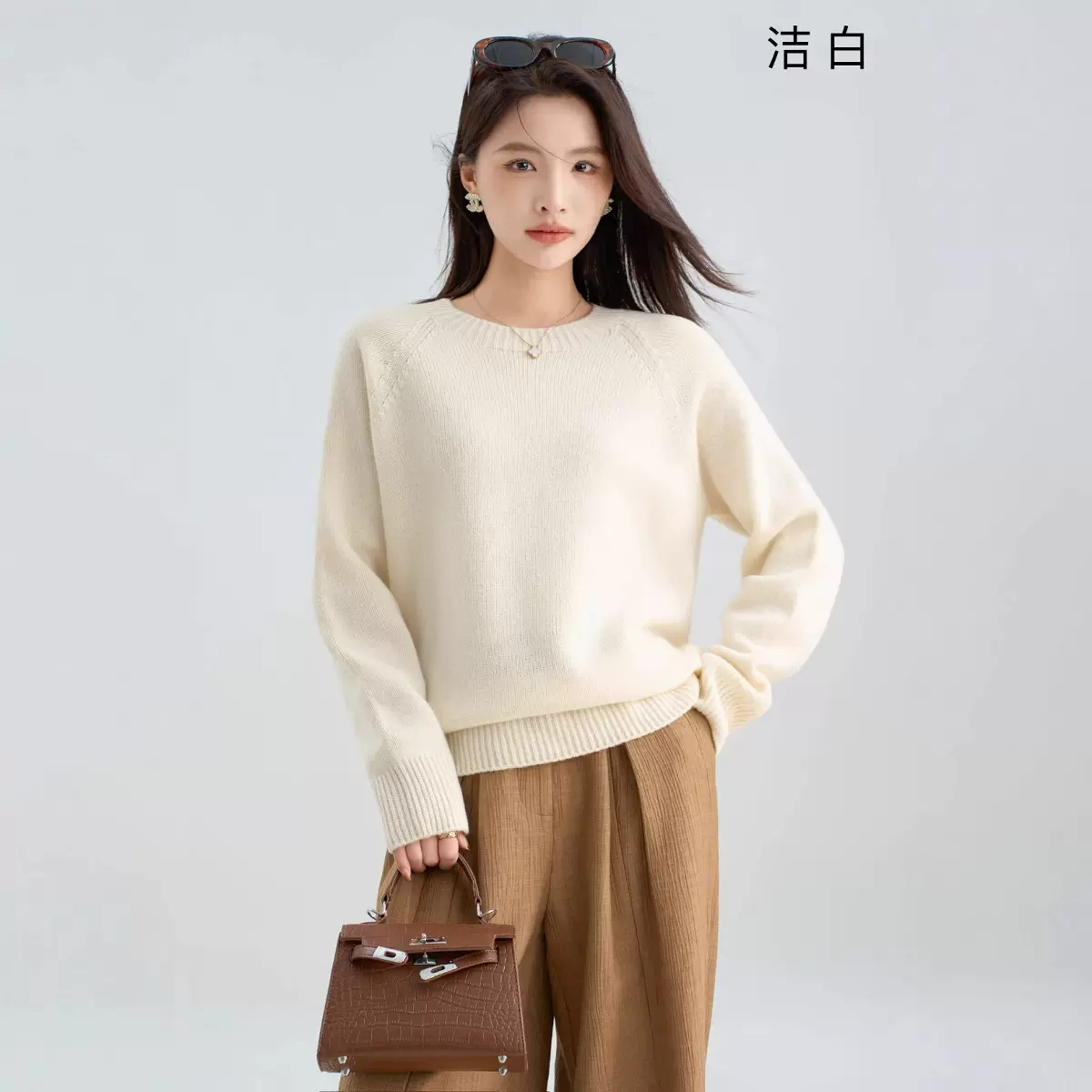 【嘉彦】24冬四季青韩系慵懒风100羊毛针织衫女精纺内搭圆领螺纹